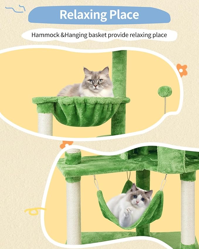 KIYUMI Cat Tree Cat Tower Condo with Sisal Scratching Post for Indoor Cats Tree Furniture with Hammock Perch and Kitten Ball Toys, Multi-Level Pet Activity Center (Green)