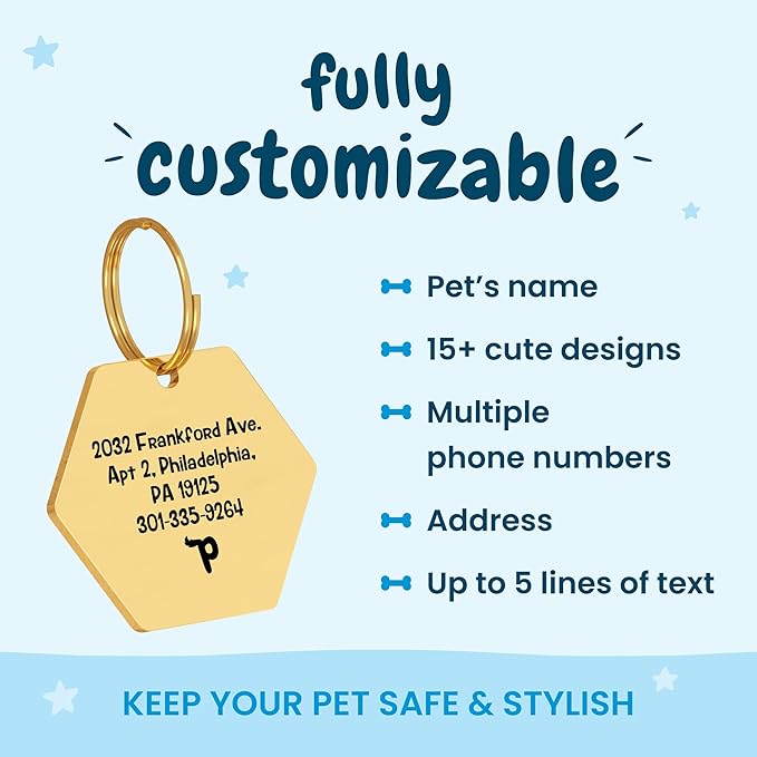 PawFurEver Custom Engraved Pet ID Tag – Personalized Dog Name Tag for Dogs and Cats, Stainless Steel Collar Accessory with Cute Designs for pet Name Tags (Hexagon, Gold)