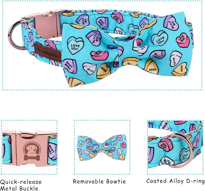 MR. CHUBBYFACE Valentine's Dog Collar with Bowtie, Cute Blue Heart Dog Collar with Metal Buckle, Adjustable Cotton Collar for Small Medium Large Dogs
