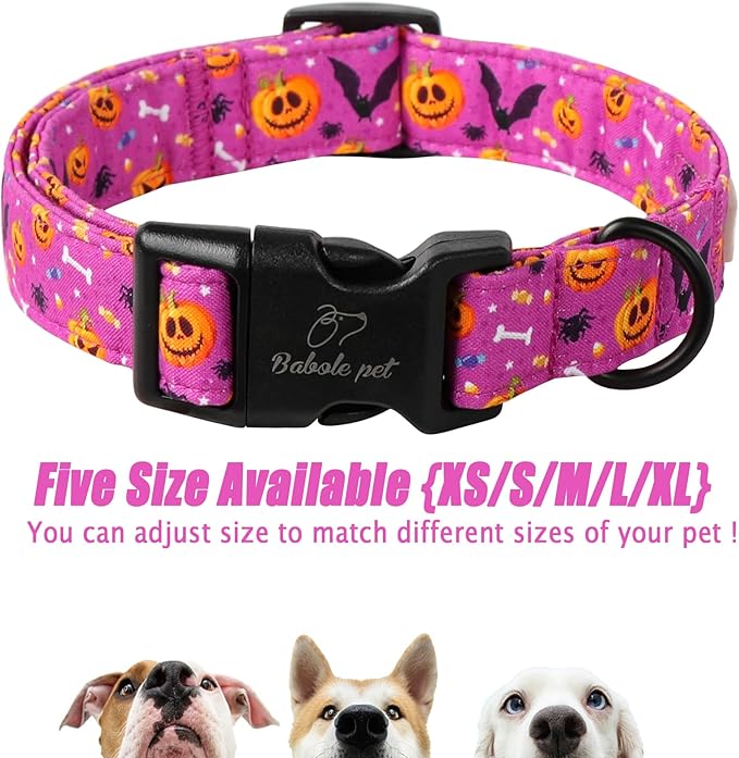 Halloween Dog Collar, Cute Pumpkin Bat Pattern Halloween Purple Puppy Collar, Soft Adjustable Cotton Dog Collars for Small Medium Large Boy&Girl Dogs XL