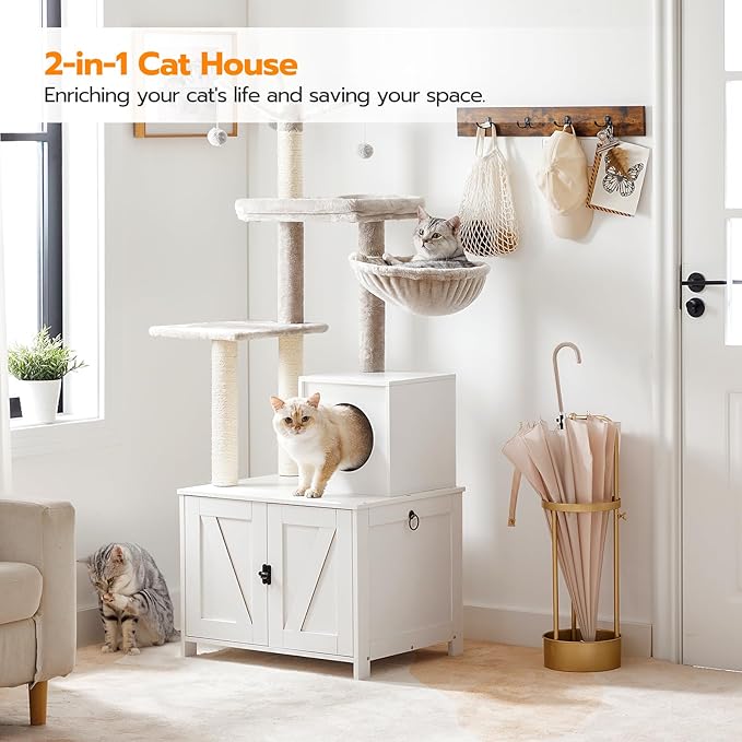 HOOBRO Cat Tree Tower with Litter Box Enclosure for Indoor, Wooden Cat Condo with Scratching Posts, Litter Box Furniture Hidden, All-in-One Cat House, White WT15MZ03
