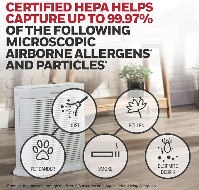 Honeywell HPA300 HEPA Air Purifier, Airborne Allergen Reducer for Large Rooms (465 sq ft), White - Wildlfire/Smoke, Pollen, Pet Dander, and Dust Air Purifier