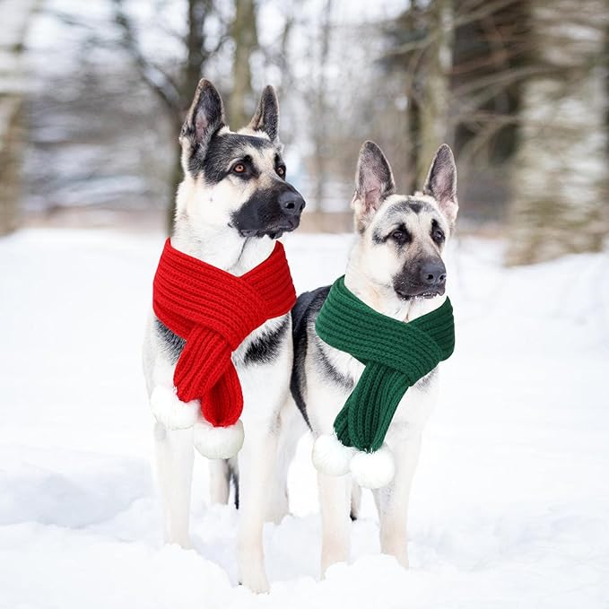 BWOGUE 2-Piece Knitted Dog Christmas Scarf & Bandana with White Pom Pom for Medium/Large Dogs - Winter Warm Holiday Pet Costume Accessory (Red, Green)