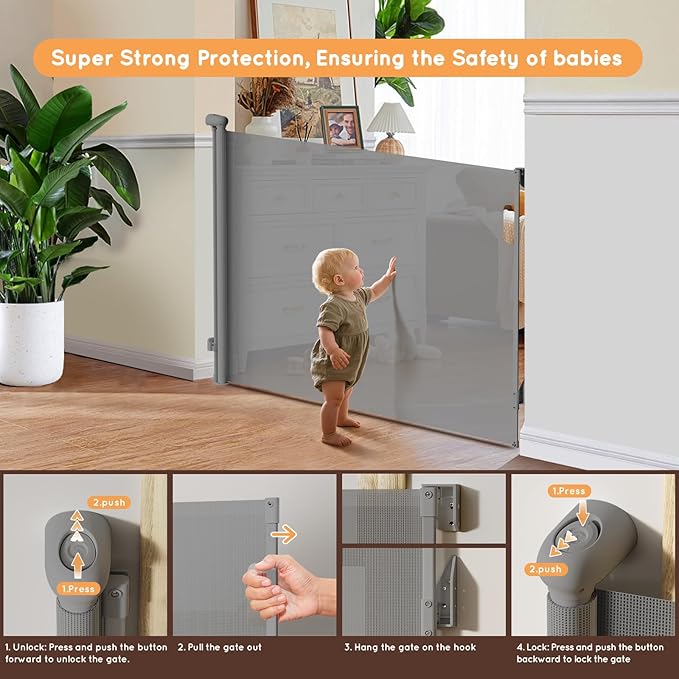 Retractable Baby Gate for Stairs, 55" Wide Mesh Pet Gate, Automatic Tension, One-Hand Operation, 38" Tall Baby Gates for Doorways, Hallways, Deck, Indoor Outdoor, Safe, Easy to Fit, Gray
