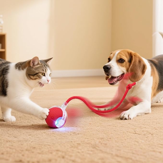Interactive Electric Automatic Rolling Moving USB Rechargeable Self Activated Play Stimulation Toy Smart Chase Teaser Ball with Speedy Tail Rope for Bored Adult Indoor Cats and Dogs, Pink