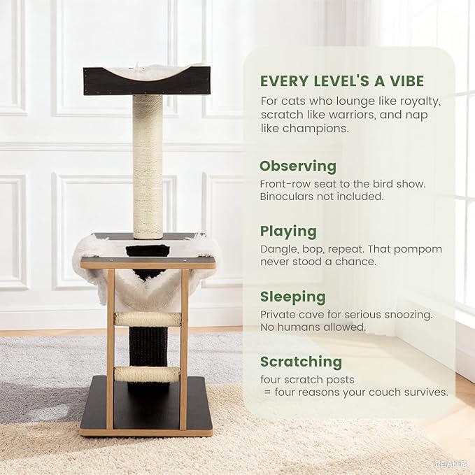 Cat Tree, 37.4-Inch Cat Tower with Plush Cozy Perch for Indoor Cats, Sturdy Tower with Fully Sisal-Wrapped Columns and Plush Toy Ball for Kitty Play, Black