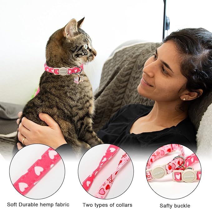 Valentine's Day Cat Collar,2 Pack Cat Collars Breakaway with Bell, DOGWONG Safety Buckle Cat Collar Blue Heart for Girl Boy Cats and Small Dogs，Adjustable 7-12 Inch,Pet Supplies Accessories