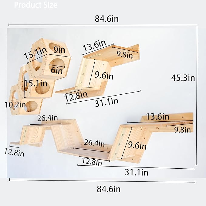 Cat Wall Shelves and Furniture Set with 3 Hexagon Shelves and 4 Z-Shaped Jump Platform (E)