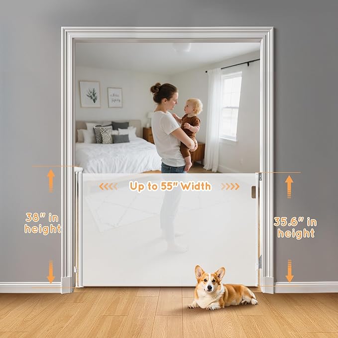 Retractable Baby Gate for Stairs, 55" Wide Mesh Pet Gate, Automatic Tension, One-Hand Operation, 38" Tall Baby Gates for Doorways, Hallways, Deck, Indoor Outdoor, Safe, Easy to Fit, White