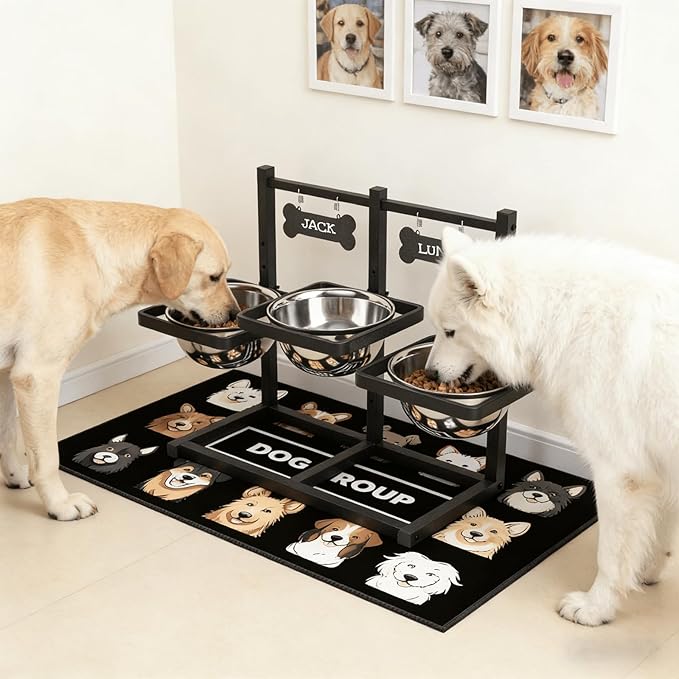 Elevated Dog Bowls for Large Dogs, 6 Height Adjustable Raised Stand with Mat, Two Signature Cards and Three 1700ML Bowls, for Large Breed and Multi-Pet Households