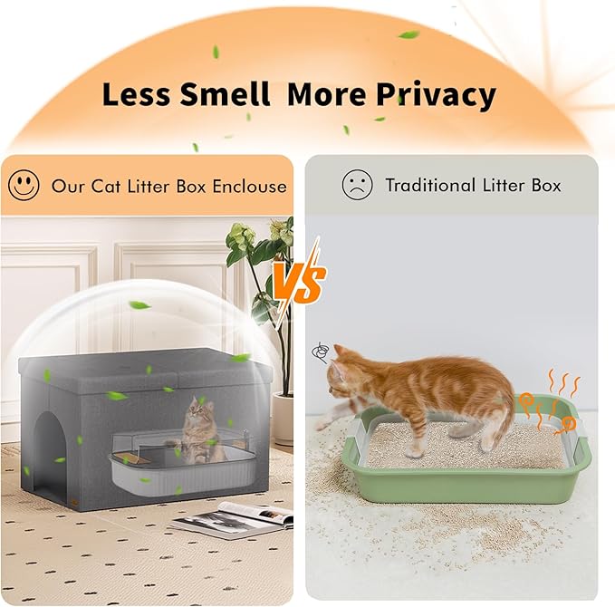 Cat Litter Box Enclosure Furniture for Odor Control, Hidden Cabinet Cats Litter Ottoman with Flip-Up Lid,Cat Litter Box Bench with Storage Space, Dog Proof(Grey, Large)