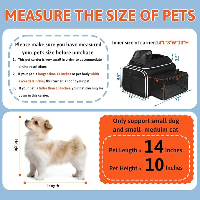Petskd Top and Side Expandable Pet Carrier 17x11x9.5 Inches Alaska Airline Approved, Soft-Sided Carrier for Small Cats and Dogs with Locking Safety Zippers and Anti-Scratch Mesh(Black)