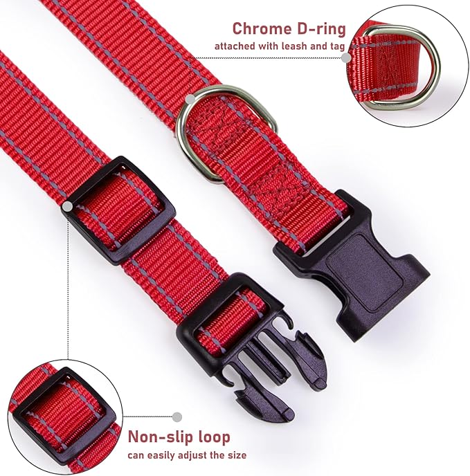 Reflective Dog Collar with Buckle Adjustable Safety Nylon Collars for Small Medium Large Dogs, Red L