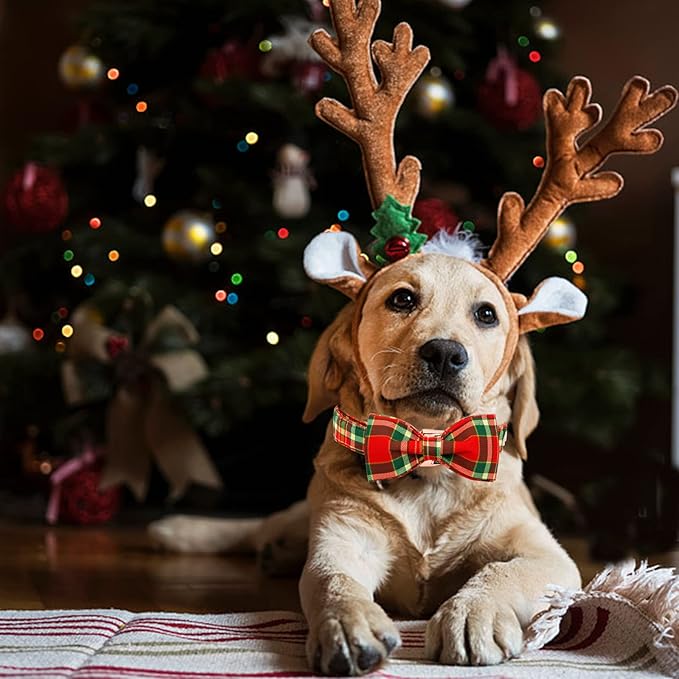 Dog Collar - Christmas Red Plaid Dog Collars Bowtie Gift Puppy Cute Soft Collar with Bow Adjustable Metal Buckle Pet Collar for Small Dogs
