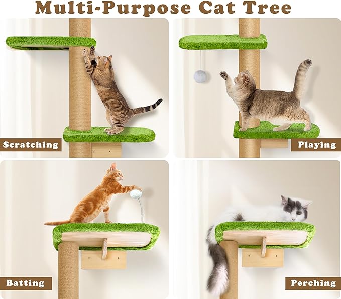 Floor to Ceiling Cat Tree for Kittens, Wall Mounted Cat Wall Furniture with Green Plush Pads, 5 Platform Wild Simulation Climbing Tower, Adjustable Height