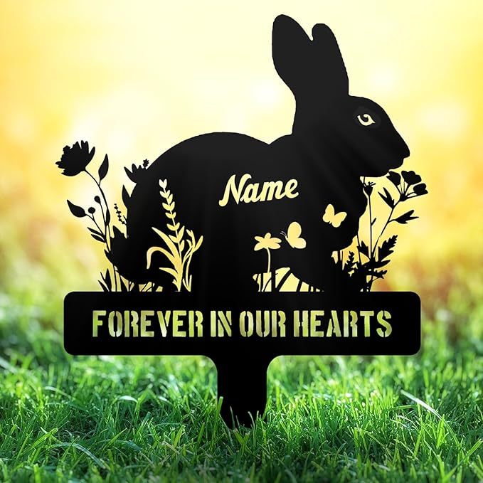 Personalized Rabbit Memorial Stakes – Metal Grave Markers for Rabbits, Sympathy Garden Decor Sign, Remembrance Flower Plaque, Pet Loss Gifts, Customized Rabbit Tombstone with Name