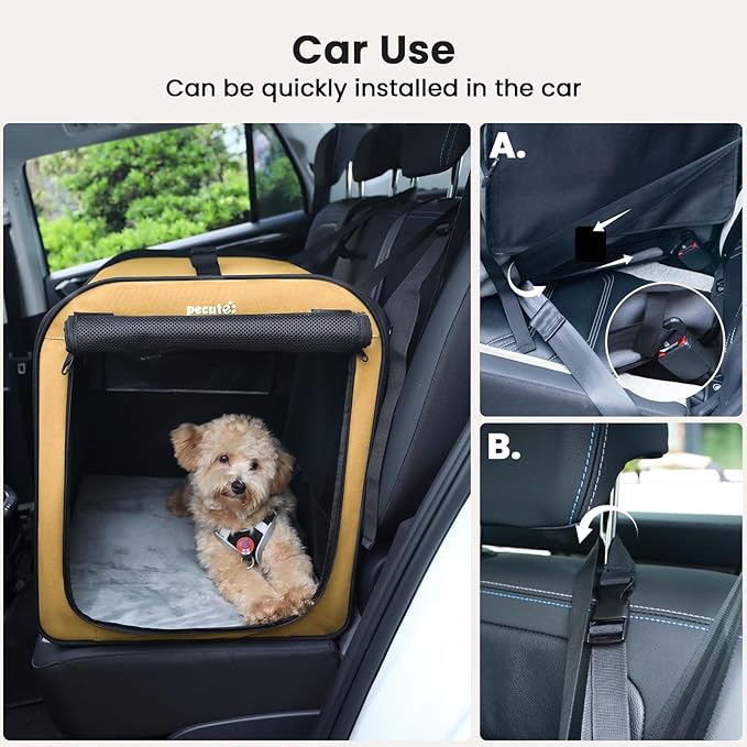 Dog Car Carrier Light Weight 24×17.7×20.5 in, Dog Carrier Easy to Assemble, Dog Car Crate Portable and Breathable, Foldable Pet Carrier for Indoor and Outdoor Use, Dogs Travel Crate with Curtain Brown