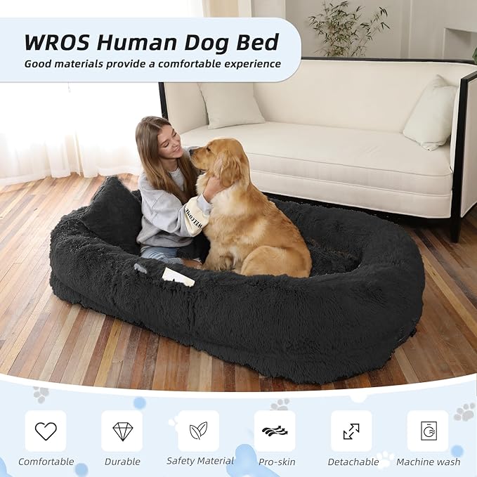 Human Dog Bed, 71''x45''x12'' Size Fits You and Pets, Washable Faux Fur Pet Bed for People Doze Off, Napping Orthopedic Dog Bed, Present Plump Pillow, Blanket, Strap - Black