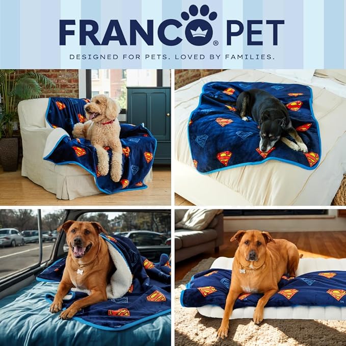 Franco Pet Superman DC Comics Super Soft Cozy Waterproof Sherpa-Backed Blanket Throw for Large Dogs, Couch/Bed/Car, 50x60 (Officially Licensed Product)