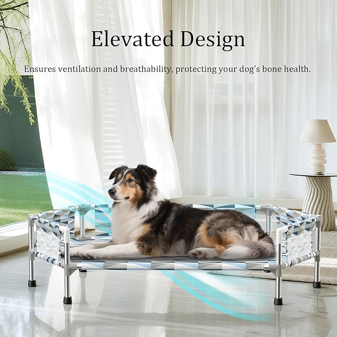 Elevated Dog Bed with Guardrail, Cooling Outdoor Pet Cot with 5-Sided Fence，Raised Dog Cot with 6-Metal Frame
