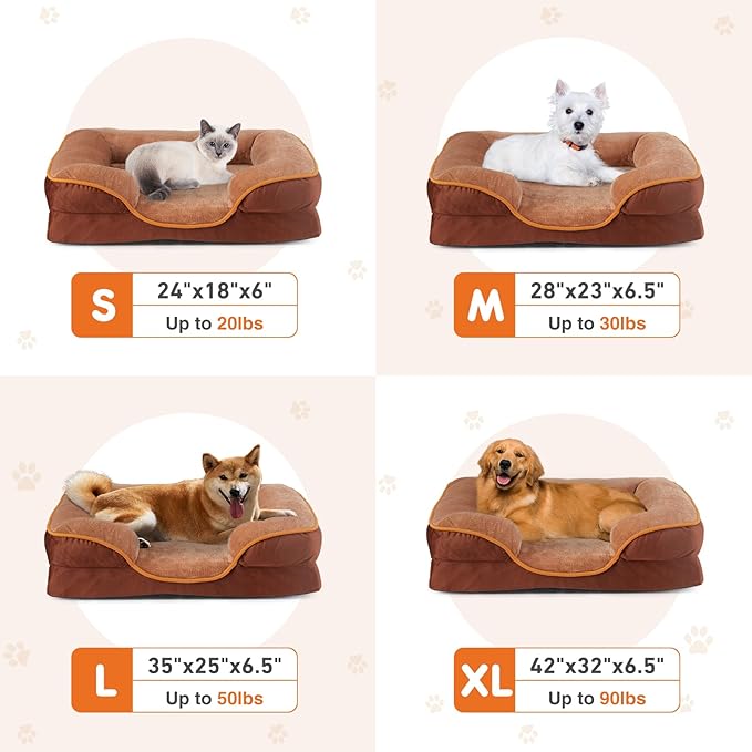 Sweetcrispy Orthopedic Dog Bed, XL Large Memory Foam Puppy Cat Bed with Washable Waterproof Removable Cover & Non-Slip Bottom for Pet Calming Sleeping (42"x32", Brown)