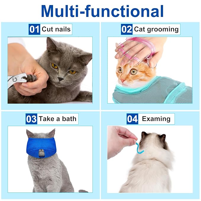 10 Pcs Cat Bathing Bag Set Pet Mesh Shower Bag Anti Bite and Scratch Pet Grooming for Washing Brush, Cat Muzzle, Nail Clipper, Nail File, Tick Tool (Blue and Gray)
