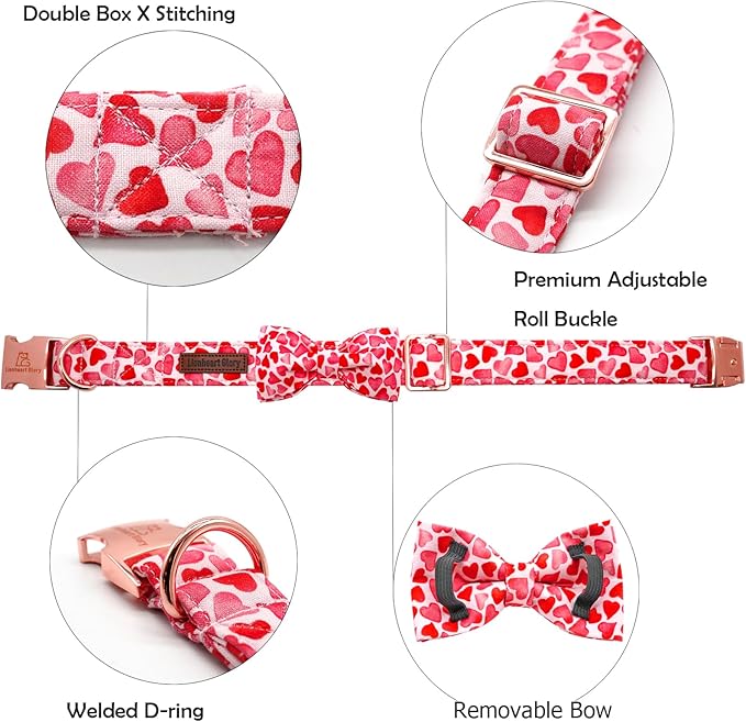 Lionheart glory Dog Collar with Bowtie Valentine's Day Dog Collar for Small Dogs, Hearts Pattern, Handmade Bow, Unique Design, Cotton Material, Adjustable Size, Perfect for Small Dogs