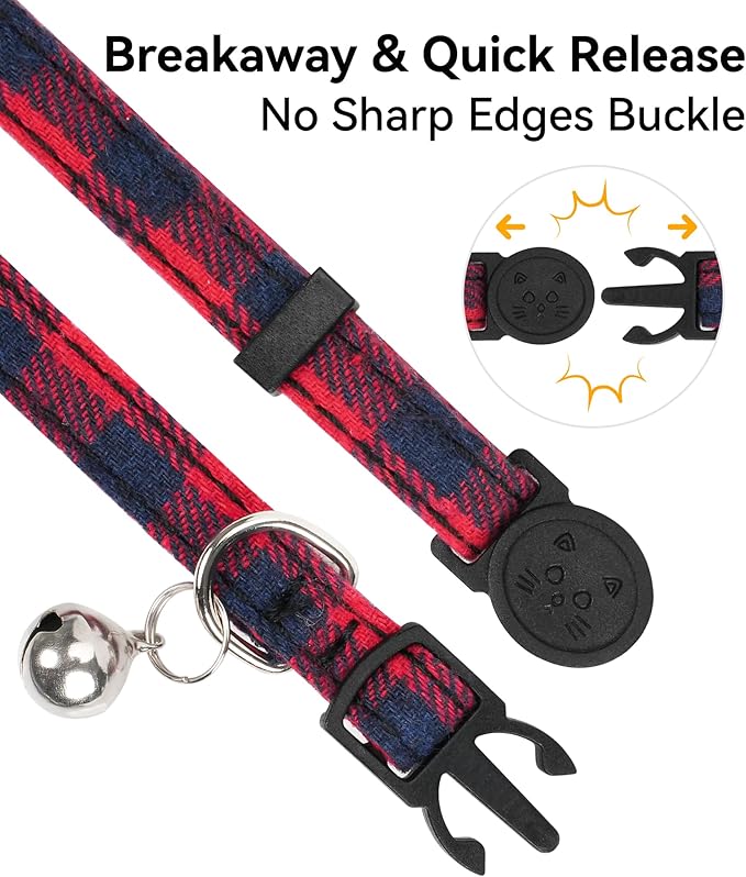 Joytale Upgraded Cat Collar with Bells, Breakaway Cat Collars with Bow Tie, 1 Pack Girl Boy Safety Plaid Kitten Collars, Red