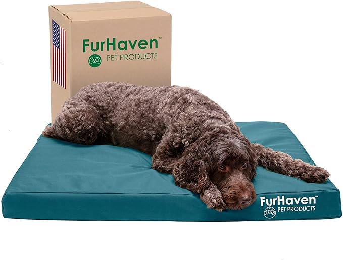 Furhaven Indoor/Outdoor Logo Oxford Polycanvas Mattress - Water-Resistant Orthopedic Dog Bed w/ Removable Cover, 125 lb max - Deep Lagoon, Large