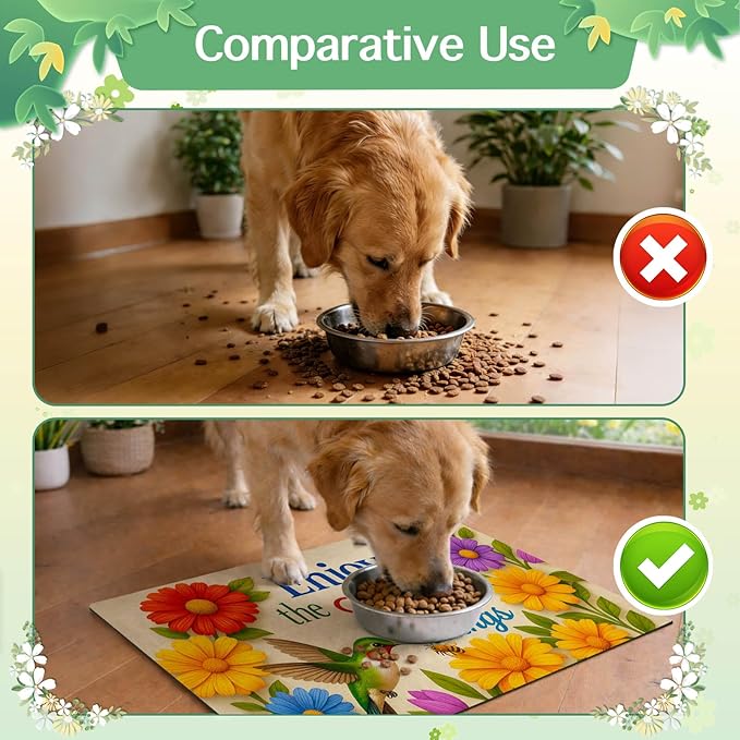 Hummingbird Pet Feeding Mat 24" x 16" Spring Design Non Slip Dog and Cat Bowl Mat Easy Clean Pet Food Mat Absorbable Pet Placemat for Dog and Cat Fast Dry Food Mat for Pet Bowls Cat