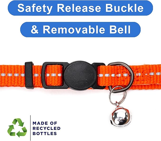 Pawtitas Recycled Orange Reflective Cat Collar – Eco-Friendly Breakaway Safety Buckle, Adjustable Kitten & Adult Collar with Removable Bell and High-Visibility Strap