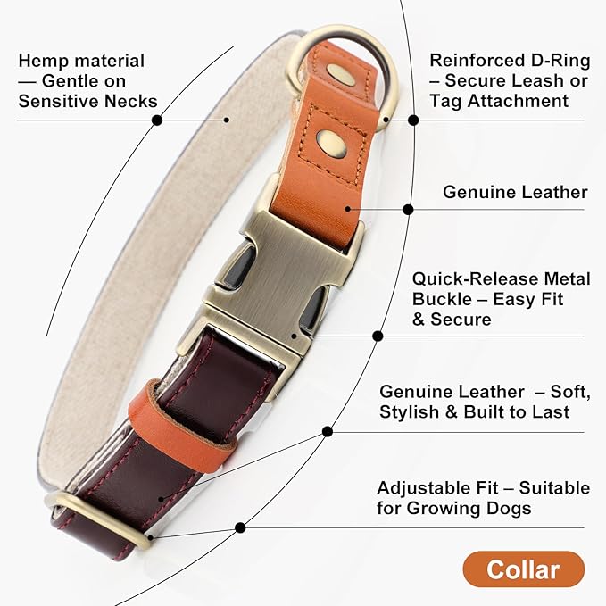 Plutus Pet Genuine Leather & Hemp Dog Collar – Adjustable Heavy Duty Pet Collar with Quick Release Metal Buckle, Soft & Stylish for Puppy and Small, Medium, Large Dogs (Copper Brown, L)