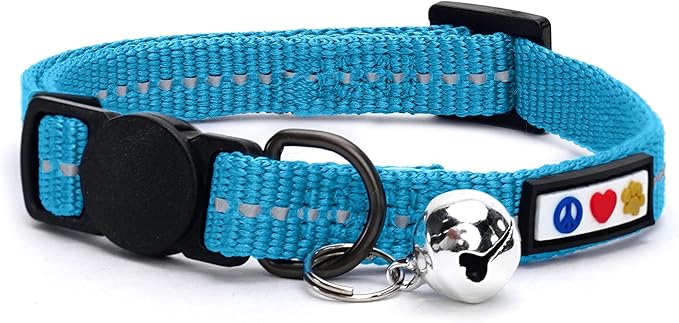 Pawtitas Recycled Teal Reflective Cat Collar – Eco-Friendly Breakaway Safety Buckle, Adjustable Kitten & Adult Collar with Removable Bell and High-Visibility Strap