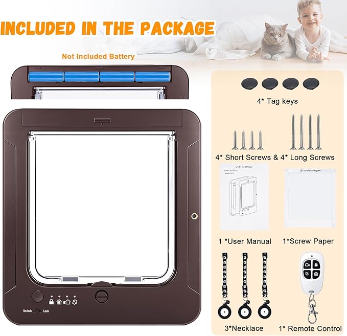 Smart Cat Door with 3 Collar Sensor, RFID Cat Door Collar Activated with Remote Control, 4 Way Locking Cat Flap Automatic Pet Door (Brown)