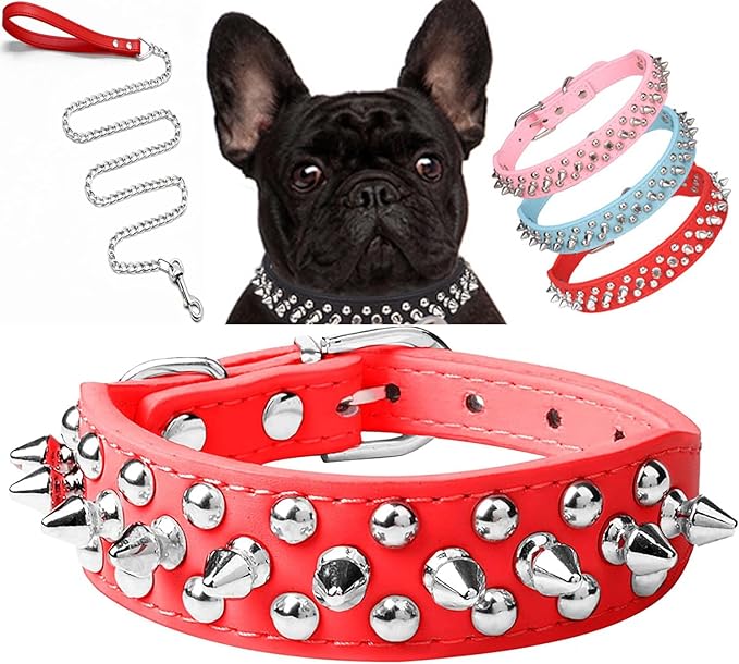 Spiked Dog Collar Soft Pu Leather Mushrooms Rivet Spike Studded Puppy Adjustable Pet Collars for Small Breeds (S, Red Set)