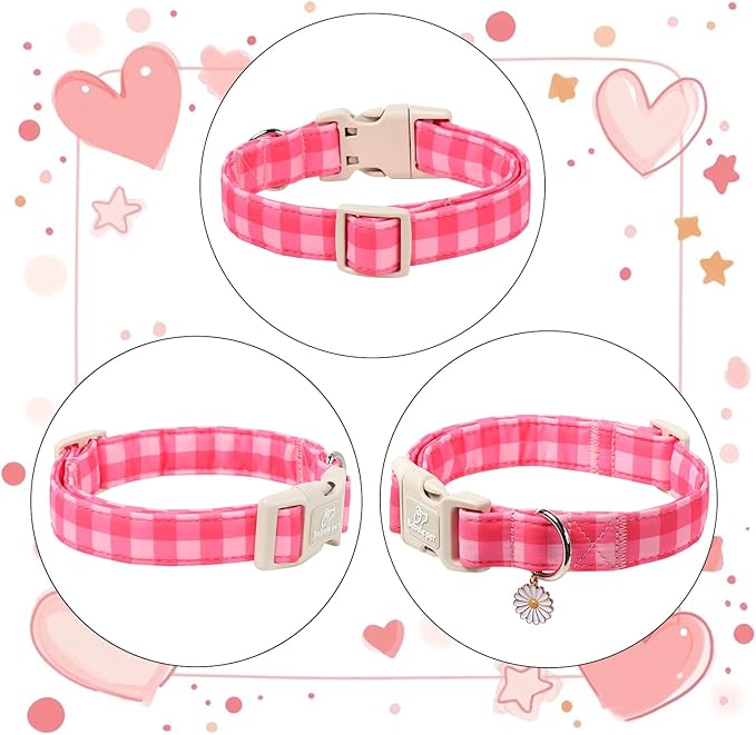 Girl Dog Collar for Small Dogs - Cute Pink Plaid Puppy Collar, Soft Adjustable Spring Summer Female Dog Collars with Quick Release Buckle S
