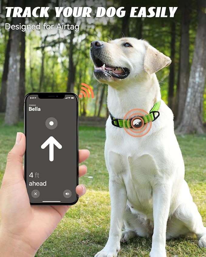 Joytale Airtag Dog Collar, Reflective Pet Collar with Waterproof AirTag Holder, Dual D-Rings, Soft Padded Adjustable for Extra Large Dogs, Green, XL