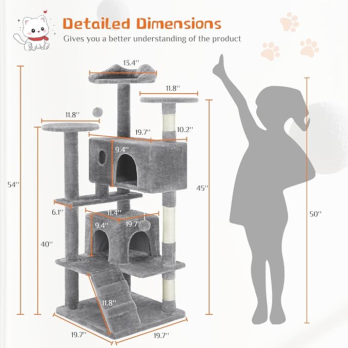 Sweetcrispy 54 Inch Cat Tree Tower, Multi-Level Tower with Cat Scratching Post, Indoor Cat Condo with Climbing Ladder, Plush Toy, Play House for Cat, Light Grey