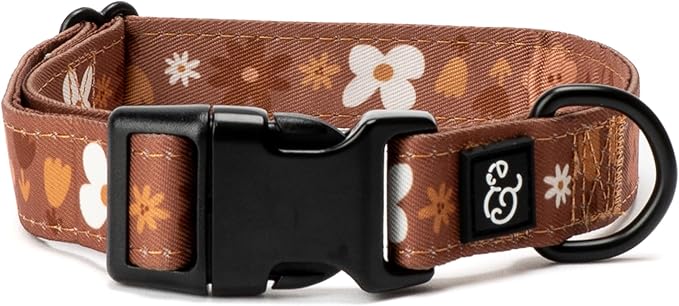 Lucy & Co. Chocolate Meadows Dog Collar - Durable Lightweight Designer Collar for Pets - Adjustable Metal Safety Buckle (Large, Brown & White Floral)