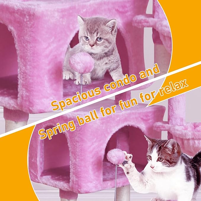 KIYUMI Cat Tree Cat Tower Condo with Sisal Scratching Post for Indoor Cats Cat Tree Cat Furniture with Hammock Perch and Kitten Ball Toys, Multi-Level Pet Activity Center Pink