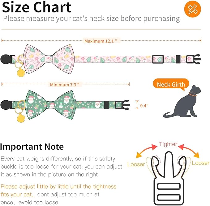 2 Pack Cotton Cat Collar with Bow Tie and Bell for Girl Boy Cats,Cute Pink Flamingo and Blue Whale Pattern Spring Summer Breakaway Cat Collar for Male Female Cats (Santa Claus & Snowman)