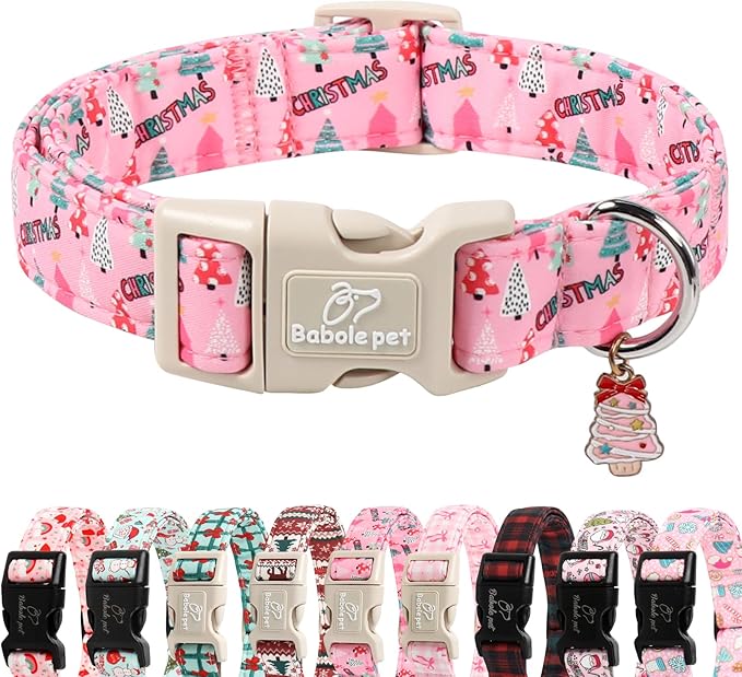 Christmas Dog Collar for Large Dogs - Cute Xmas Tree Print Pink Christmas Collars for Dogs, Soft Adjustable Winter Holiday Dog Collars with Quick Release Buckle L