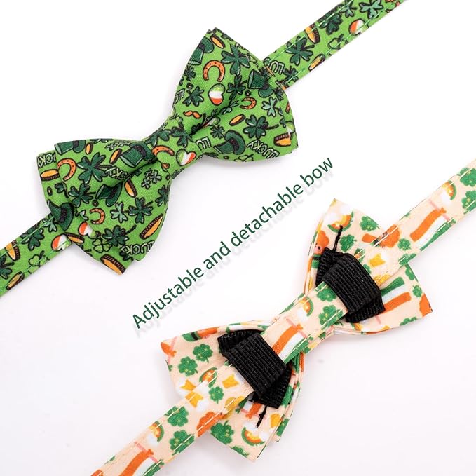 Faygarsle 2 Pack St Patrick's Day Cat Collar Cute Trefoil Gold Coin Printed Collar with Bow tie Breakaway Green Yellow Cat Collar for Boy Girl Cats