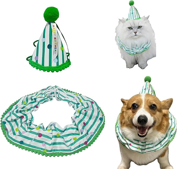 Cat Dog Birthday Bandana Scarf and Party Hat Cute Polka dot and Stripe Bib Scarf and Birthday Hat Cat Puppy Birthday Party Decorations Set