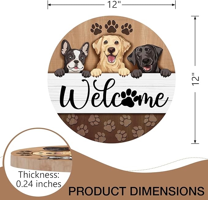 Deroro Welcome Dogs Front Door Sign, Paw Prints Wood Door Hanger Outdoor Outside Porch Decor Pet Lover Owner Gifts, Labrador Golden Retriever Farmhouse Wooden Wreath Indoor Wall Hanging Decoration