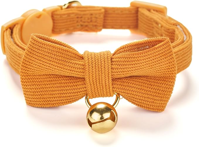 Soft Corduroy Cat Collar with Bell and Bowtie, Safety Breakaway Clasp, Adjustable for Kitten and Cats Orange Color.