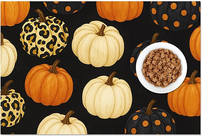 Fall Pumpkin Pet Feeding Mat Thankgiving Theme Dog and Cat Food Mat Non Slip Pet Bowl Mats with Leopard and Polka Dot Pumpkin Design for Autumn Home Kitchen Cat Accessories 24" x 16"