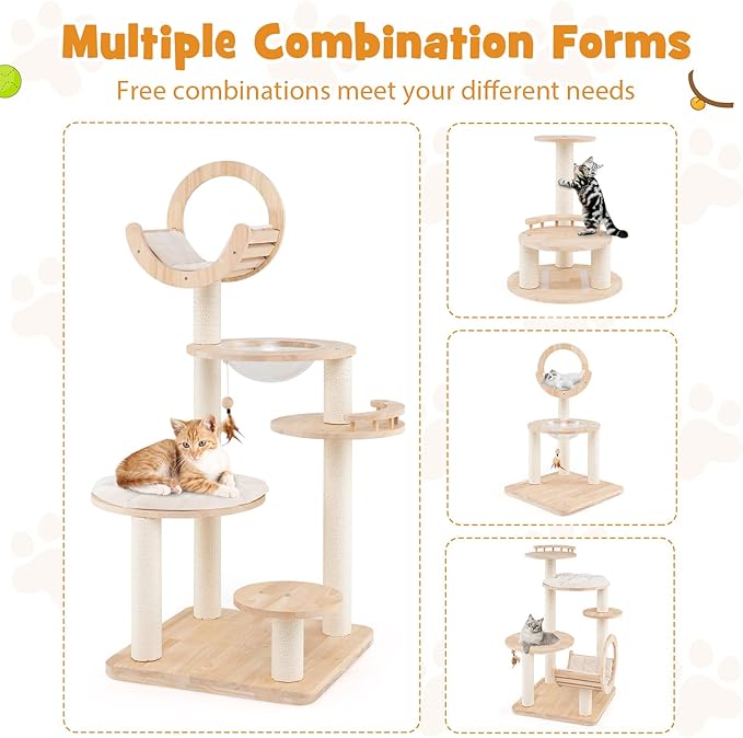 Nightcore 57” Tall Solid Wood Cat Tree for Indoor Cats, Building Block Kitten Tower w/Perch, Scratching Posts, Washable Cushions, 4 Install Options, Multi-Level Cat Activity Center Climbing Furniture