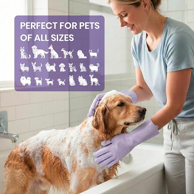 DELOMO Pet Grooming Gloves 1 Pair: Soft and Gentle Silicone Dog Washing Gloves - Bathing Scrubber Brush Mitt Grooming Shedding Fur Removal Massage for Dogs/Cats/Horse, Purple