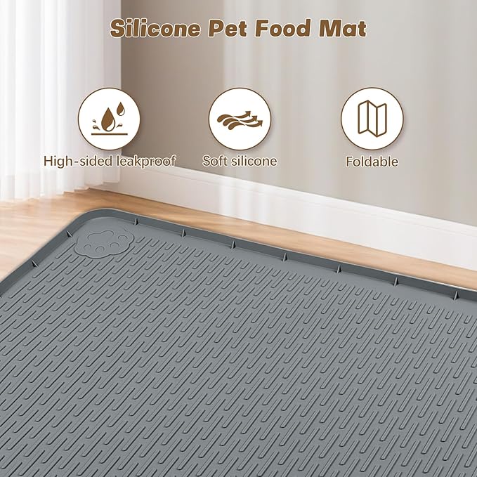 Cat Food Mat, 50" x 35" Extra Large Silicone Pet Feeding Mat with Raised Edge Pet Placemat for Food and Water Bowl Non-Slip, Easy to Clean, Floor Protection (Dark Grey)